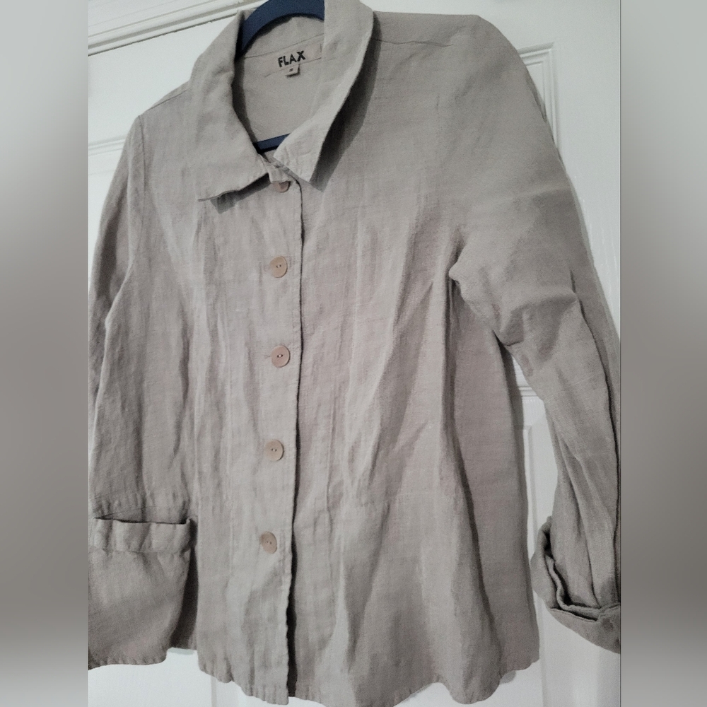 FLAX Women Natural Linen Beige Jacket Top Shirt Pocket Lagenlook Size S